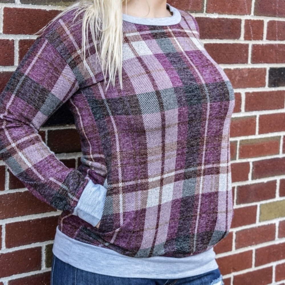 Plaid Tartan Sweater with Pockets in purple
